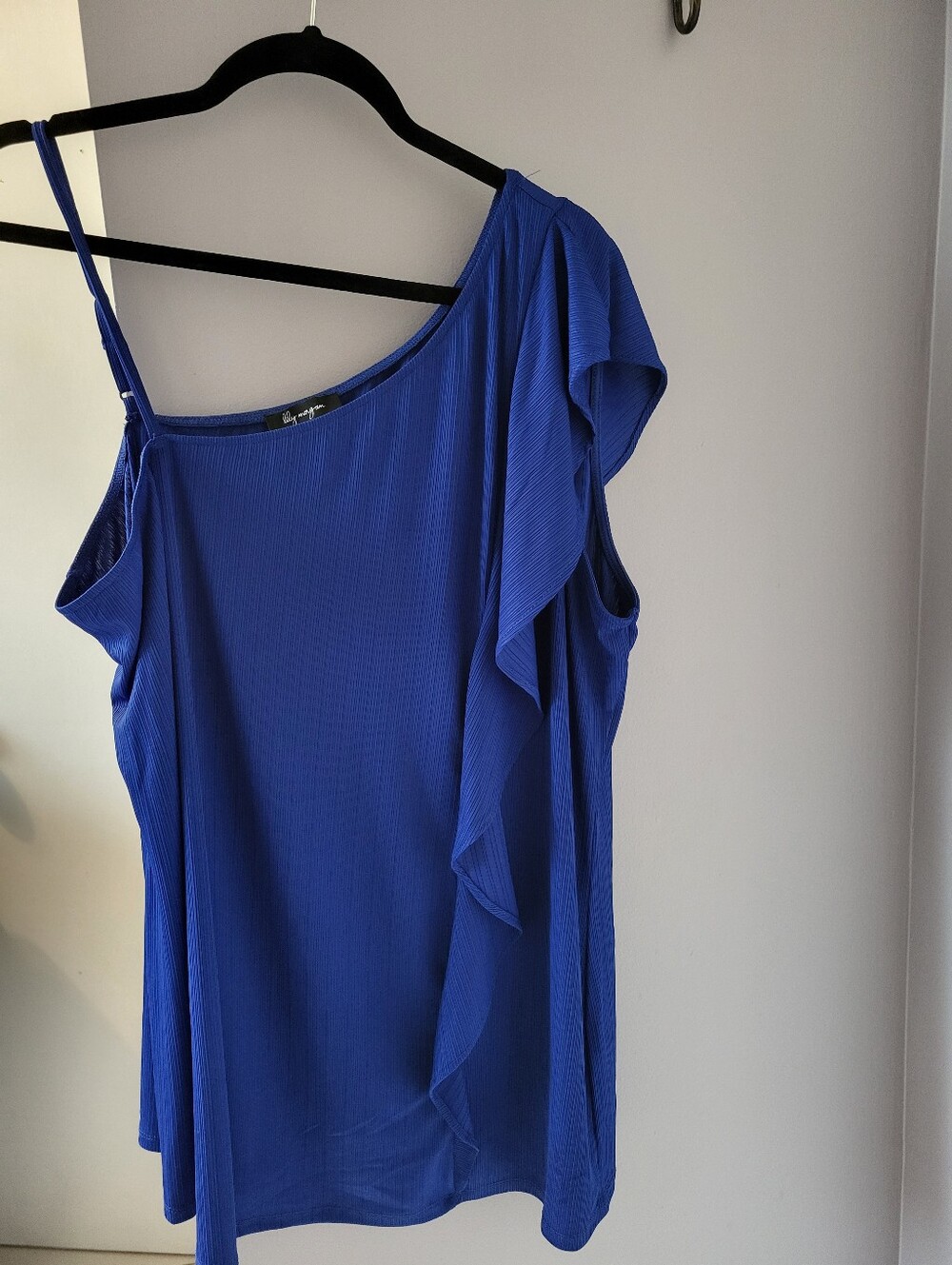 One Shoulder Ruffle Blouse.